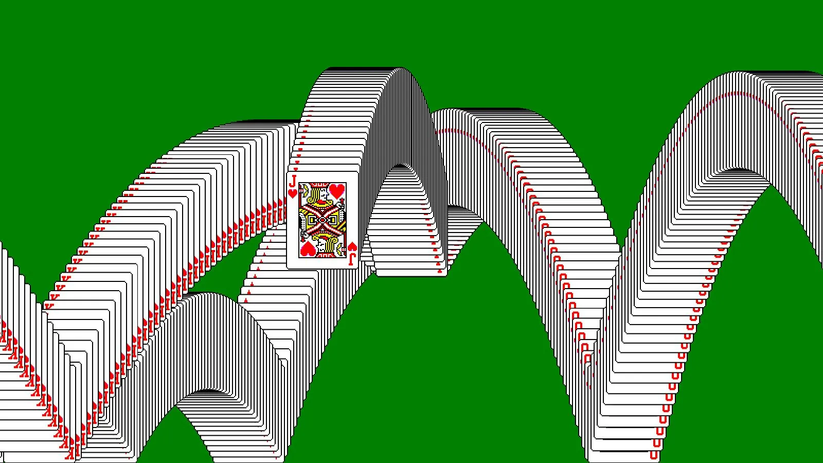 Single frame of the solitaire win animation with cards flying off in all directions leaving behind a trail.